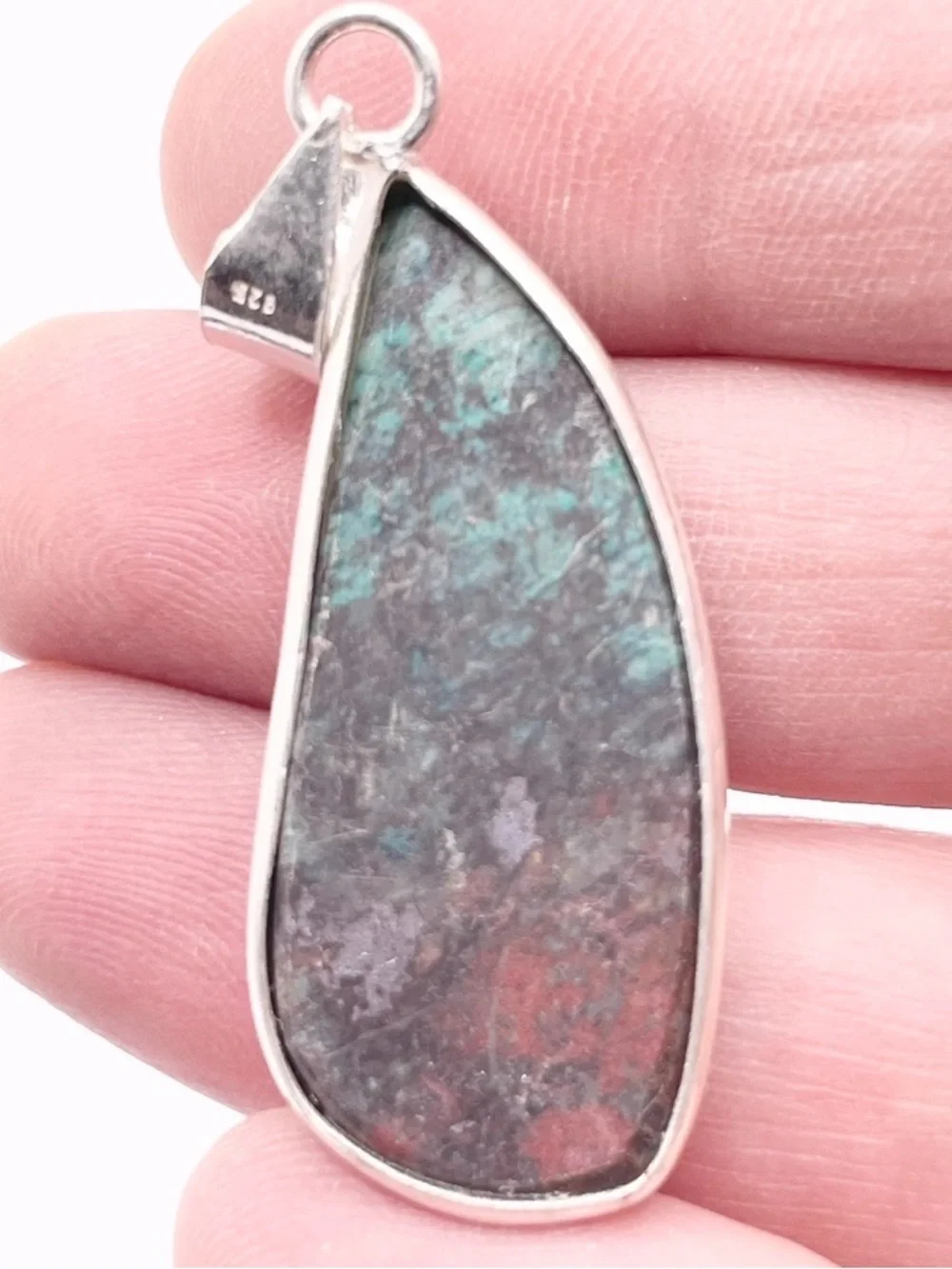Sterling Silver Chrysocolla and Red Jasper Teardrop Pendant - Picture 3 of 8